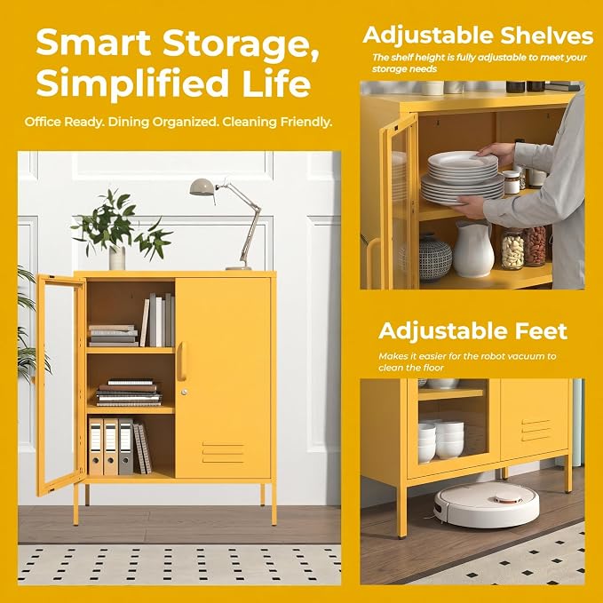 Metal Storage Sideboard with Lock, 33" H 2 Door Storage Cabinets with Adjustable Shelves, Durable Metal Accet Cabinet for Living Room Bedroom Entryway Yellow