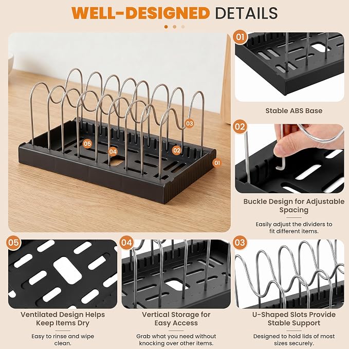 2 Pack Expandable Pot Lid Organizers with 10 Adjustable Dividers | 12.6-22.4 Inch Pots and Pans Organizer Rack Under Cabinet, Countertop, Pan Lids, Bakeware, Food Container Lids, Black