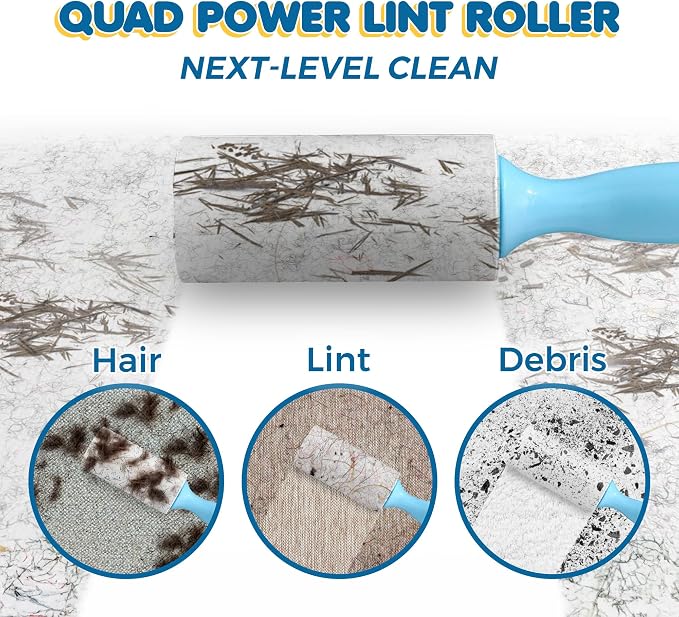 SunGrow Pet Lint Rollers for Dogs and Cats, Extra Sticky Adhesive, 2 Portable Fur/Hair Animal Hair Lifter for Clothes, Furniture, Carpet, Easy to Tear Dust Cleaner Brush, Blue Handle, 8” x 2”