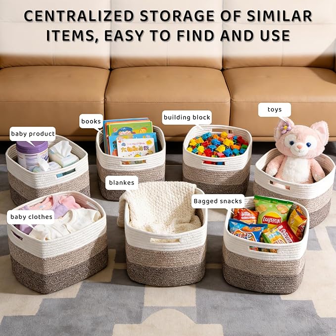 4 Pack Storage Baskets for Organizing, 11''Lx9''Wx8''H Woven Baskets for Storage Toys, Towels, Books, and Clothes, Cotton Rope Basket for Shelves with Handle