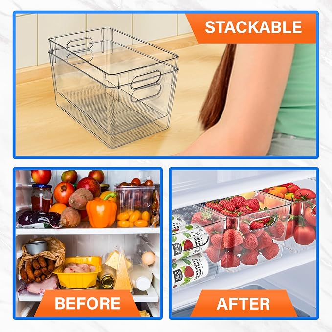 Lifemaster Multi-purpose Refrigerator Bins - 8 pieces Large Capacity Stackable Fridge Bin Organizer with Easy Grip Handles - Clear