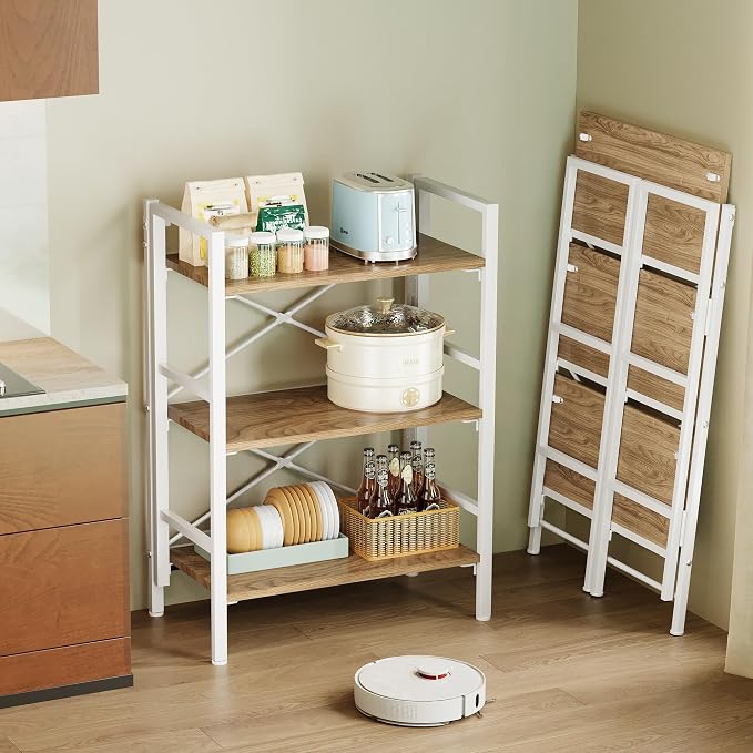 Homeiju Folding Bookshelf No Assembly, 3 Tier Bookcase Foldable Shelf with X-Bracket Design, Adjustable Feet, Space Saving Storage for Living Room, Office (Light Coffee)