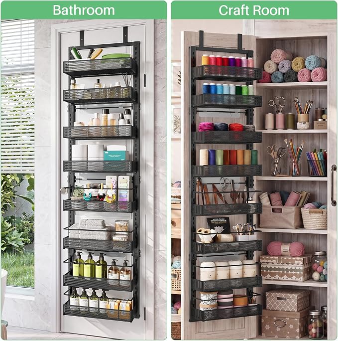 Narrow Over the Door Pantry Organizer - 8 Tiers Height Adjustable Pantry Organizers and Storage with Dense Mesh Baskets, Metal Spice Rack for Kitchen Bathroom (Black, 12.2"W x 4.6"D x 69.1"H)