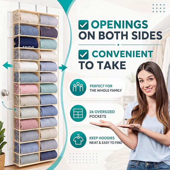 Over The Door Hoodie Organizer 26 Clear Pocket Sweatshirt Organizer with 3 Hooks Hanging Sweatshirt Hoodie Rack Holder Cabinet Behind The Doors for Dormitory Bedroom Closet Storage(Beige)