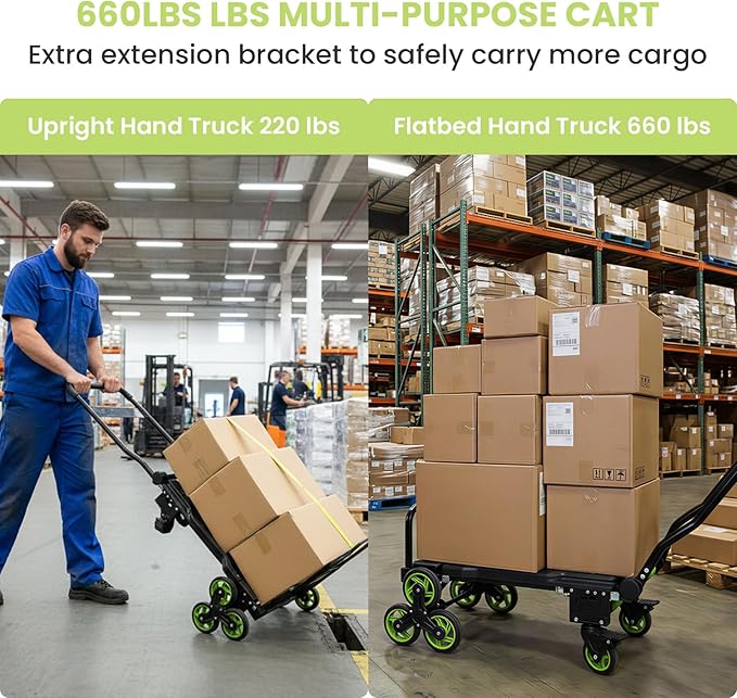 Upgraded 3 in 1 Convertible Folding Hand Truck with Brakes, Hand Truck Dolly Heavy Duty 660lbs Capacity, Stair Climbing Cart with Adjustable Shovel Board and Fixed Handle for Moving