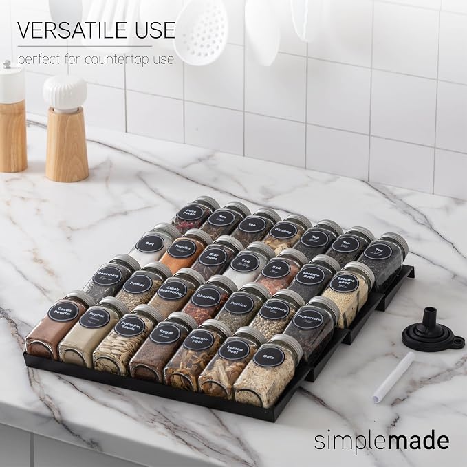 SIMPLEMADE-Spice Drawer Organizer, Spice Rack Drawer for Kitchen, 4 Tier Black Drawer Spice Organizer with 28 Jars and labels with a pen, Silicone Funnel, 13" by 17.5"
