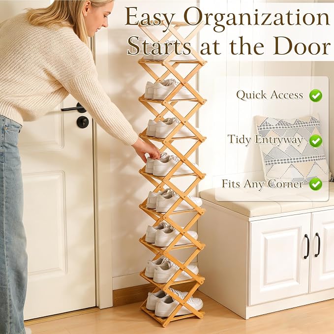 VOGUZY Foldable Shoe Rack, Tier No-Assembly Bamboo Rack, 2026 New Portable Bamboo Corner Shoe Rack, Multifunctional Narrow Shoe Shelf for Entryway, Closet, Corner, Bedroom (6 Layers)