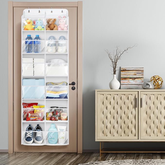Univivi Over the Door Organizer, 6 Tiers Large Behind Door Storage, White | Large Capacity, 12 Clear Compartments, 12 Side Pockets, Door Hanging Organizer for Closet, Bedroom, Nursery, Sundries
