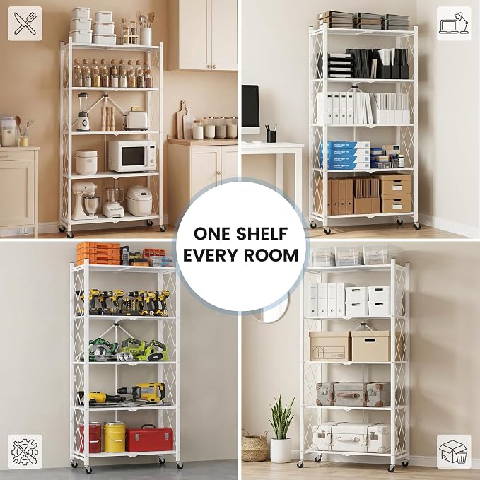ALANNG 70.7" H Metal Storage Shelves, 5 Tier Folding Shelf on Wheels | Heavy Duty, No Assembly, Rolling, Collapsible Rack Unit for Kitchen, Basement, Pantry (White,1 Pack)