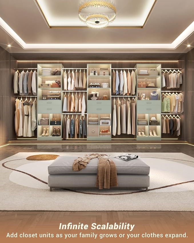Small Closet System, 3.2-6.8FT Small Closet Organizer with 2 Wooden Drawers & 5 Hanging Rods, Can Fit 37.5 to 81.9 inch Walk-in Closet System, Built-in, Crab Green, Enclosed Storage Volume 2.32 ft³