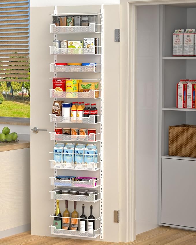 VyGrow Over the Door Pantry Organizer, 10-Tier Over the Door Organizer with Adjustable Basket, Pantry Door Organization for Pantry Kitchen Storage Room Spice Rack, White