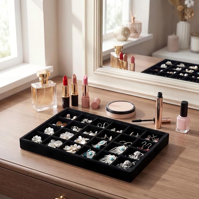 Frebeauty 24 Grid Earring Organizer,Velvet Jewelry Tray for Drawer | Adjustable Dividers,Stackable Design,Drawer Insert for Rings Studs,Vanity Organizer,for Women Girls