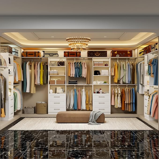 Closet System with Drawers, 5FT-8FT Closet Organizer System with 3 Side Top Shelves(Cuttable) & 3 Expandable Hanging Rods, Walk in Closet Storage Shelving System, Walk in Closet System, White