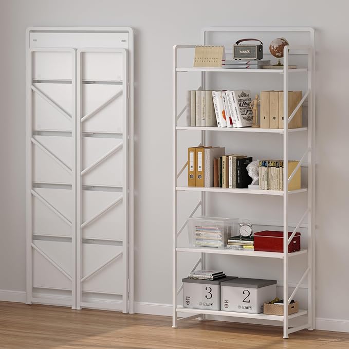 JSB No Assembly Folding Bookshelf, 5 Tier Industrial Metal Book Shelf for Storage, Vintage Wood Foldable Bookcase for Living Room, Bedroom, Office Organization Shelves