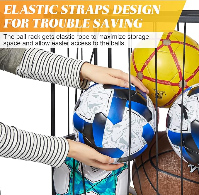 Garage Ball Storage With Baseball & Badminton Holder: Floor Sports Equipment Organizer, Sports Ball Rack With Elastic Rope, Ball Holder for Basketball, Soccer, Volleyball, Football, Garage, Gym, Black