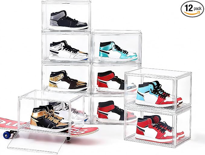MMBABY 12 Pack Acrylic Clear Shoe Boxes Side Open Clear Plastic Stackable Sneaker Storage For Sneakerhead.Fits US Size 15