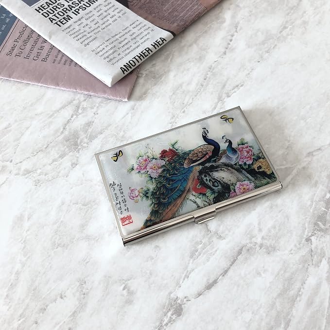 Mother of Pearl Business Card Case Credit Id Name Holder Travel Wallet Art Painting Design Metal Stainless Steel Engraved Slim Purse Pocket Cash Money Wallet (Peacock)