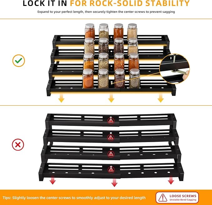 4-Tier Spice Rack Organizer, 13"-21.5" Expandable Spice Organization Shelf, Metal Seasoning Organizer for Kitchen Countertop or Pantry, Slip-Resistant Design for Jars and Bottles, Black