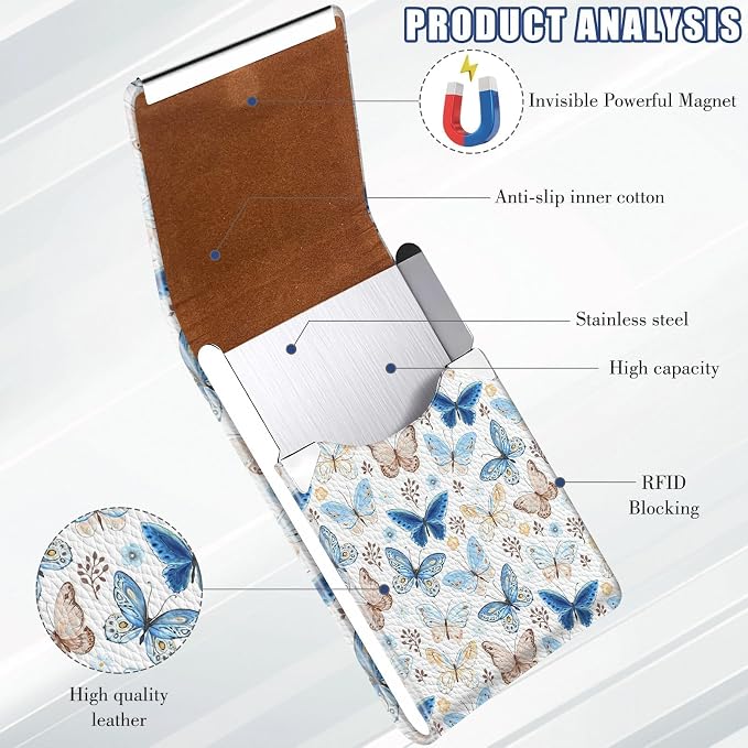 2Pack Leather Stainless Steel Business Card Holder, Metal Slim Business Card Case for Women or Men, Pocket Business Card Carrier with Prints, Magnetic Closure, RFID Blocking