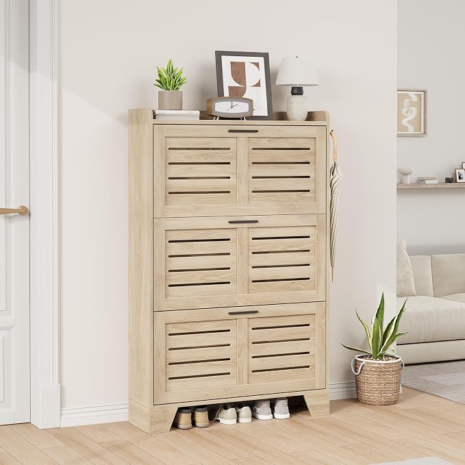 Garvee Shoe Storage Cabinet with 3 Flip Drawers, Freestanding Shoe Organizer Storage for Entryway with 2 Side Hooks, Farmhouse Hidden Slim Narrow Shoe Rack Cabinet, Natural Oak