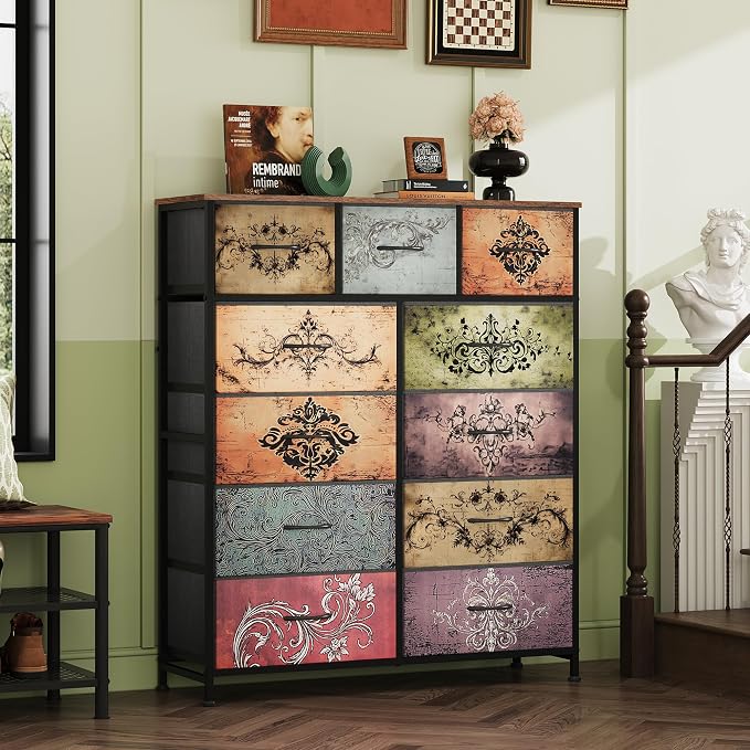WLIVE Storage Organizer Unit with 11 Fabric Bins, Storage Drawers Organizer with Steel Frame, Tall Storage Tower Organizaton for Living Room, Hallway, Office, Pattern
