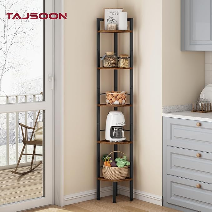 Tajsoon Narrow Corner Shelf Stand 5 Tier 60.5" Industrial Corner Ladder Shelves with Metal Frame, Multipurpose Tall Corner Bookshelf Bedroom, Living Room, Office, Kitchen, Rustic Brown