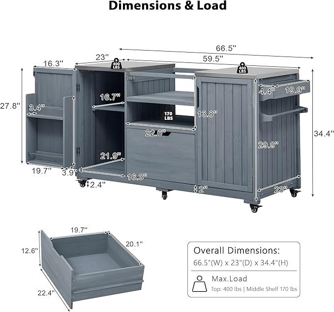 Amposei Outdoor Grill Cart Table for Large Big Green Egg Accessories 66.5’’ Solid Wood Kitchen Storage Island Prep Station with Stainless Steel Top for BBQ, Grey Blue