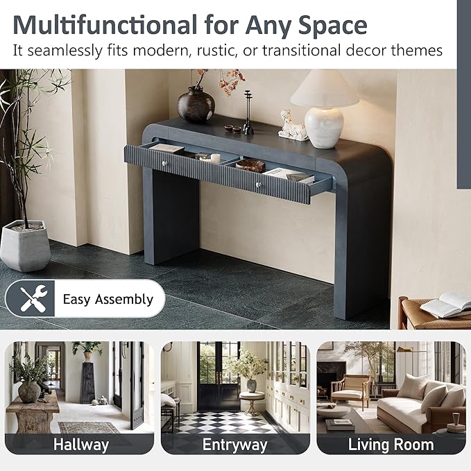 Farmhouse Modern Curved Console Table 54.3-Inch Sofa Entry Table Fluted Accent Tables with Storage Drawers for Living Room Entryway Hallway Furniture, Dark Navy