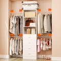 Closet System, 3Ft-5Ft Closet Organizer System With 4 Wooden Drawers, Walk-In Closet Storage System With 4 Expandable Hanging Rods, Adjustable Cloth Garment Rack from 3 to 5FT, White