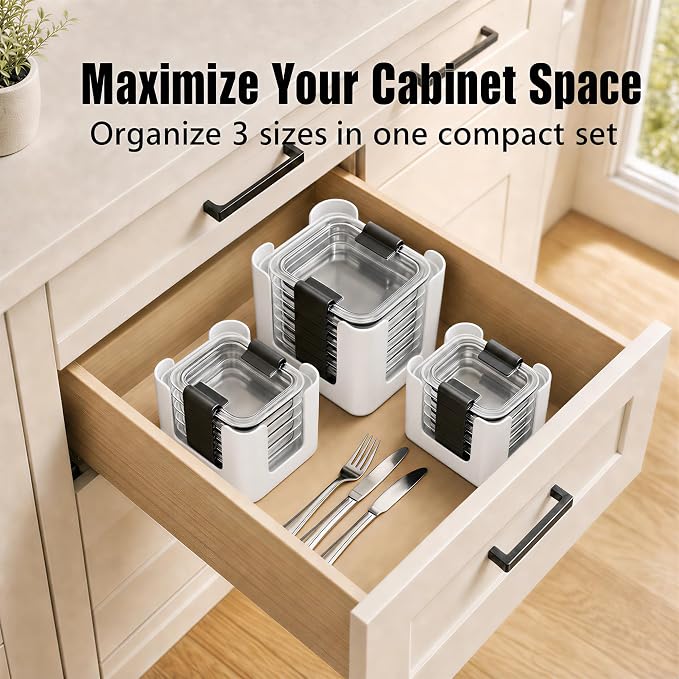 Food Container Lid Organizer for Rubbermaid Brilliance Lids, 3 Pcs Lid Organizers for Cabinet, Holds 24 Snap-On Lids, Stackable Kitchen Cabinet Organizer for 0.5, 1.3, 3.2 & 4.7 Cup Lid, White