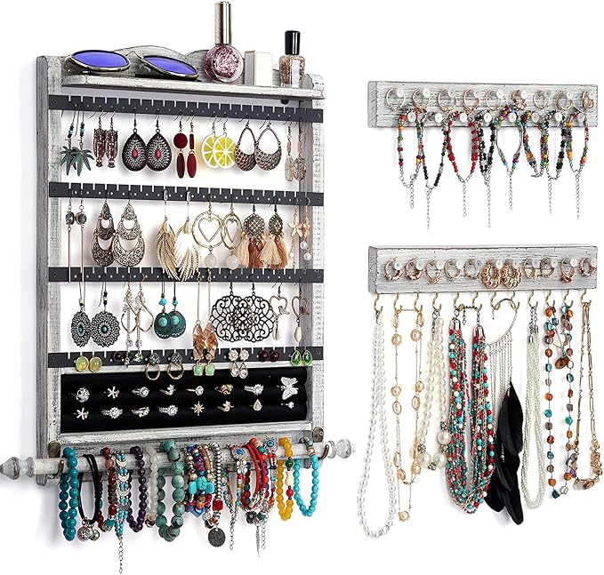Wall Jewelry Organizer,3Pcs Hanging Jewelry Organizer,Wooden Jewelry Holder | Rustic Wall Mounted Jewelry Organizer and Storage,Wall Jewelry Hanger for Home Jewelry Storage Display