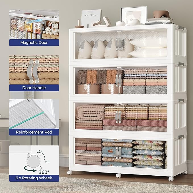 300Gal/1200QT 5-Tiers Extra Large Stackable Storage Bins with Lid, Collapsible Cabinet Closet Organizer Plastic Container Box with Wheels Doors Drawers for Living Room Kitchen Office, White