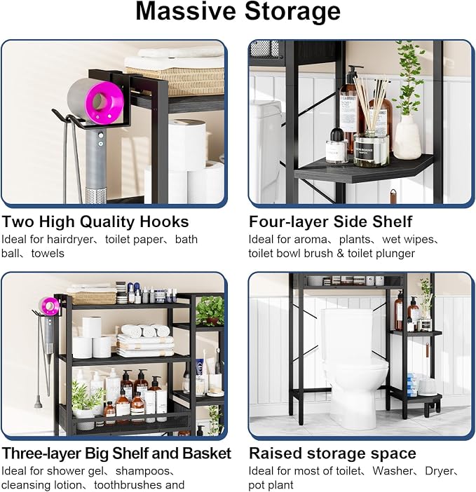 K1 Heavy Duty 7-Tier Over The Toilet Storage（with Basket and Paper Hook） Freestanding Above Toilet Shelf with Adjustable Feet，Space Saver Bathroom Shelves 9.3" D x 33.5" W x 63.8" H，Black