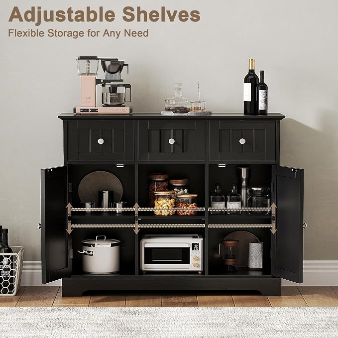 ChooChoo 35.4" Coffee Bar Cabinet with 3 Drawers and 2 Doors, Black | Buffet Cabinet with Adjustable Shelves, Storage Cabinet for Compact Kitchens, Dining rooms and Living rooms
