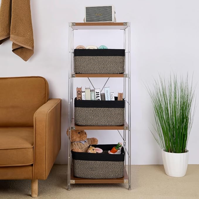 MiniArk Large Storage Baskets for Organizing, 17 x 13 x 7.5” Closet Shelf Baskets for Clothes Blanket Towels, Baby Nursery, Toy Bins Box, Woven Rope Baskets, 4 Packs Woven Brown