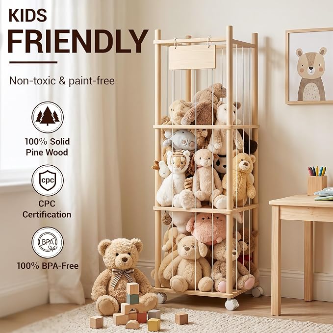 KiddoCood Kids Large Stuffed Animal Storage & Plush Toy Organizer, 54.5" H | 3 Tier Solid Wood Plush Holder, BPA-Free & Zero Glue, CPC & TIC Certified, Corner Solution for Playroom & Nursery