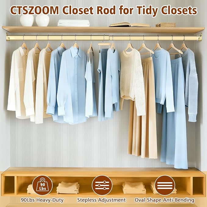 Adjustable Oval Closet Rod, 18-31 Inch, 90 Lbs Heavy Duty (Gold)