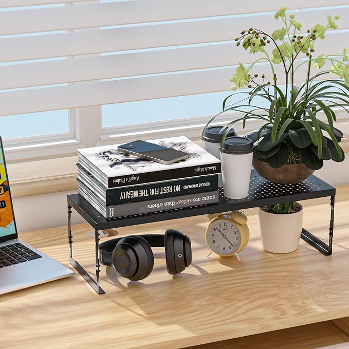 Jojocross Adjustable Stackable Metal Storage Shelf Organizer - Expandable Wire Rack with Perforations for Kitchen, Pantry, Bathroom, Cabinet & Office-Compact, Durable & Sturdy (3PACKS/Medium/Black)