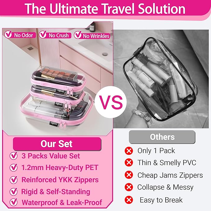 YQBRAO Clear Hard Shell Organizer Cases, 3-Pack, Pink | Rigid 1.2 mm clear PET organizers with multi-size design for toiletries, travel use, and everyday essentials