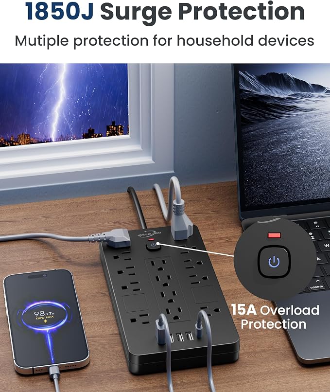 JouleLoom Surge Protector Power Strip-14 Outlets and 6 USB Ports, 6 Feet Flat Plug Extension Cord, 1850 Joules, Black, ETL Listed for Home, Office, Dorm Room