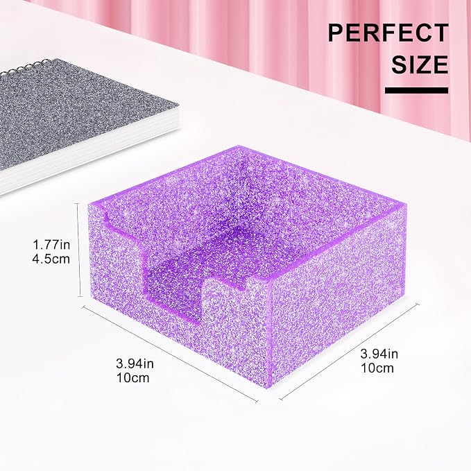 Rouidr Acrylic Sticky Note Holder, Self Stick Note Pad Holder, Purple | 3.94 x 3.94 Inch Glitter Memo Pad Dispenser Organizer for School Office Home Desk Supplies