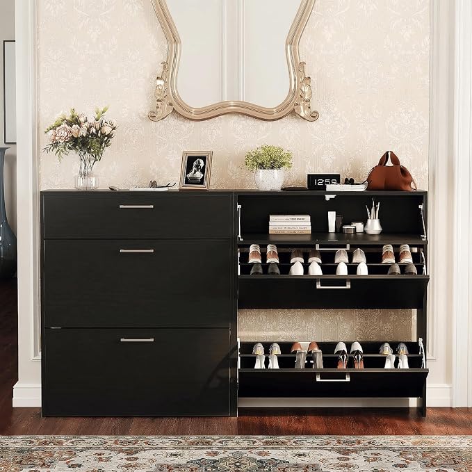 VINGLI Set of 2 Black Shoe Cabinet for Entryway, 2-Pack 31.5" W Extra Wide Slim Shoe Organizer with 2 Flip & 1 Drop-Down Drawers, Modern All-Black Shoes Rack, Narrow Freestanding Cabinet for Hallway