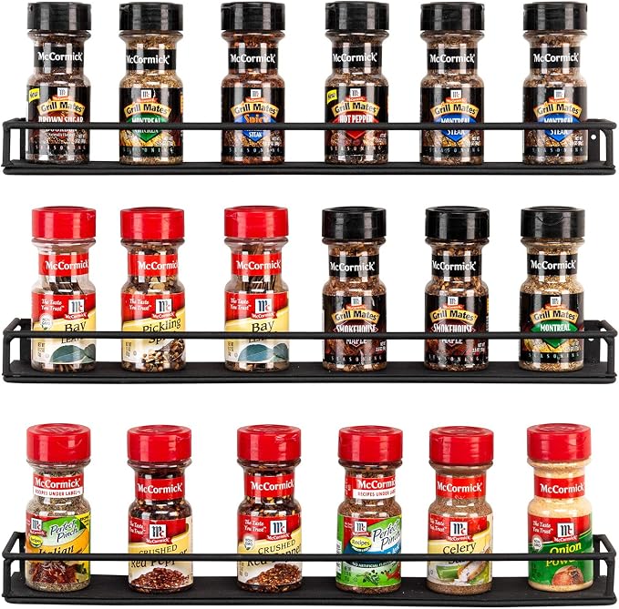 MyGift Set of 3 Wall-Mounted Black Metal Nail Polish and Essential Oils Display Shelves, Kitchen Spice Jars Rack