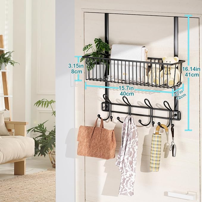Kaiferty Over The Door Hooks Organizer,Door Hanger Door Storage with Basket,Over The Door Towel Rack Coat Hooks with 12 Hooks,for Bathroom,Bedroom,Kitchen,Office,Apartment(Black)