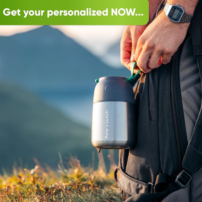 Blockhütte Thermos for Hot Food 18 oz Silver with Custom Name Engraving – Leakproof Insulated Food Lunch Box BPA-Free Stainless Steel – Vacuum thermal lunch box Dishwasher Safe with Spork & Bag