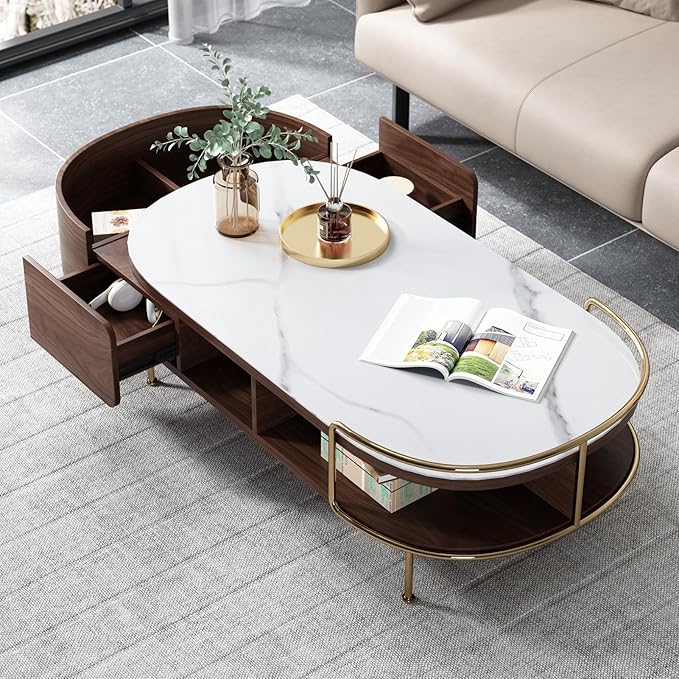 Lartis Oval Coffee Table in Walnut, Sintered Stone Living Room Table with Semi-Circular Storage,Multi Functional Marvel for Modern Living Room (White, 51 in)