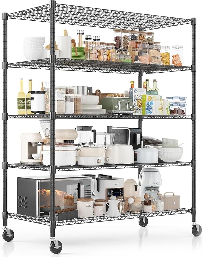 Xcity Storage Shelves, 5 Tier Heavy Duty Metal Shelving Unit with Wheels, 3000 LBS Adjustable Steel Wire Shelf for Commercial, Pantry, Kitchen, Garage, 24" D x 55" W x 72" H, Black
