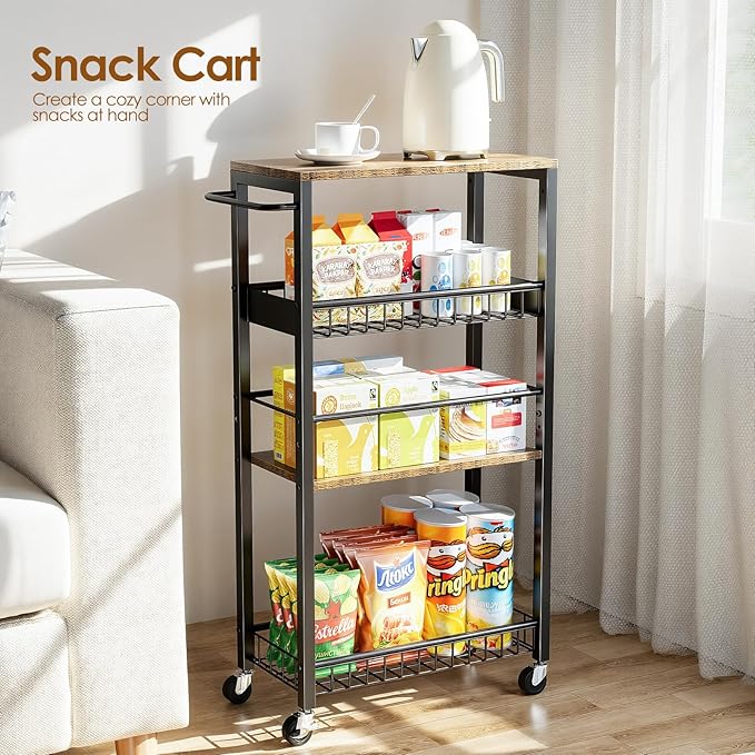 Slim Rolling Storage Cart, 4 Tier Narrow Storage Cart, 9.1in(W) | Metal Kitchen Rolling Cart for Small Spaces, Narrow Shelf for Kitchen, Laundry Room, Bathroom, Living Room