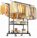 Luxspire Double Rod Clothing Racks for Hanging Clothes Load 650 LBS, Black | Zinc-iron alloy frame, 2-tier sturdy shelves, lockable silent wheels, adjustable extendable rods for bedroom & laundry room