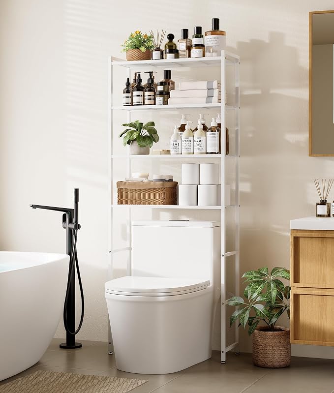 4-Tier Over The Toilet Storage Rack, Bathroom Organizer with One-Piece Metal Mesh Shelves, Over Toilet Shelf with Adjustable Feet & Anti-Tip Kit, Space-Saving Bathroom Storage, White